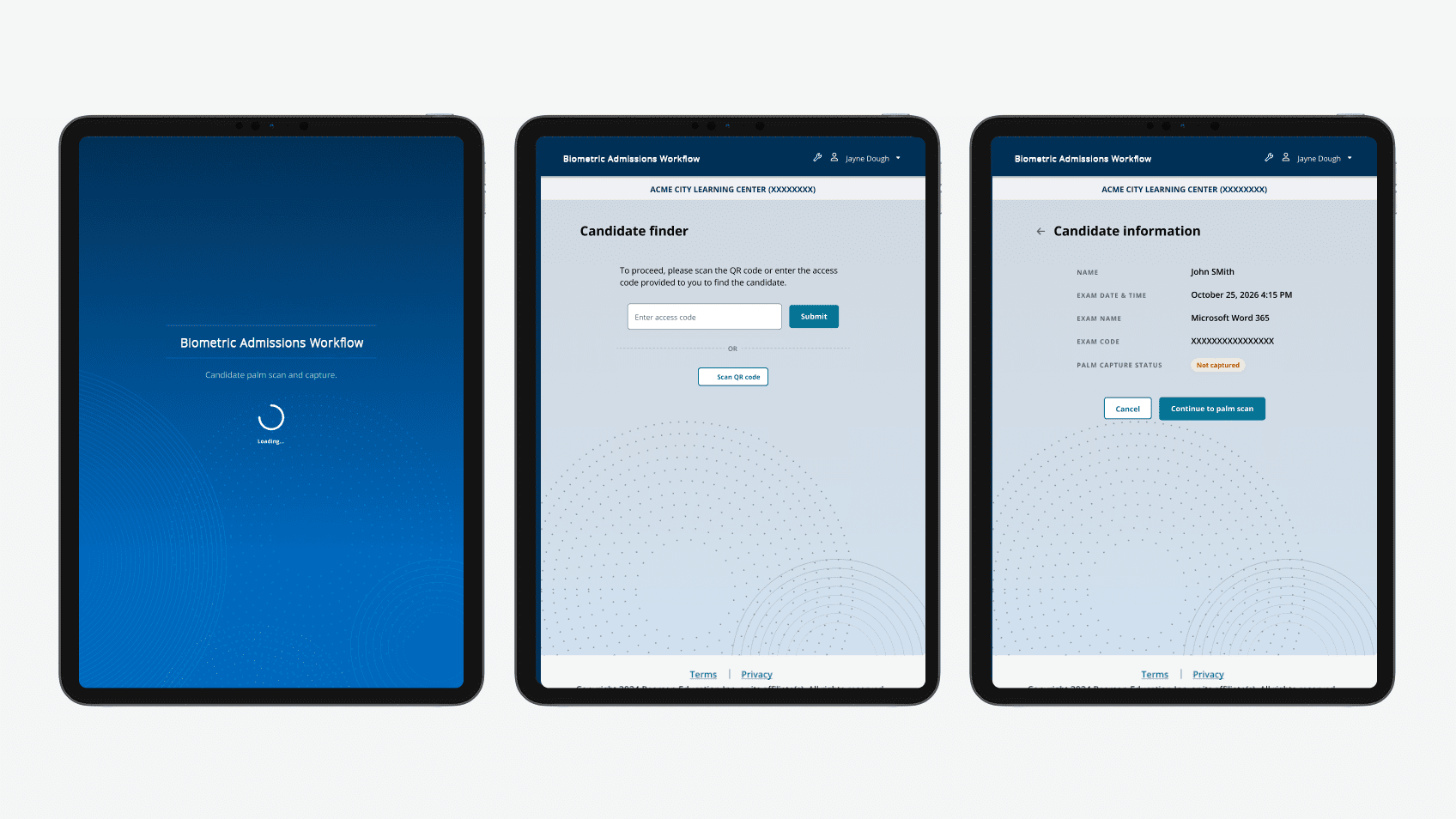 Tablet workflow screens spanning authentication, candidate lookup, palm capture, and confirmation.