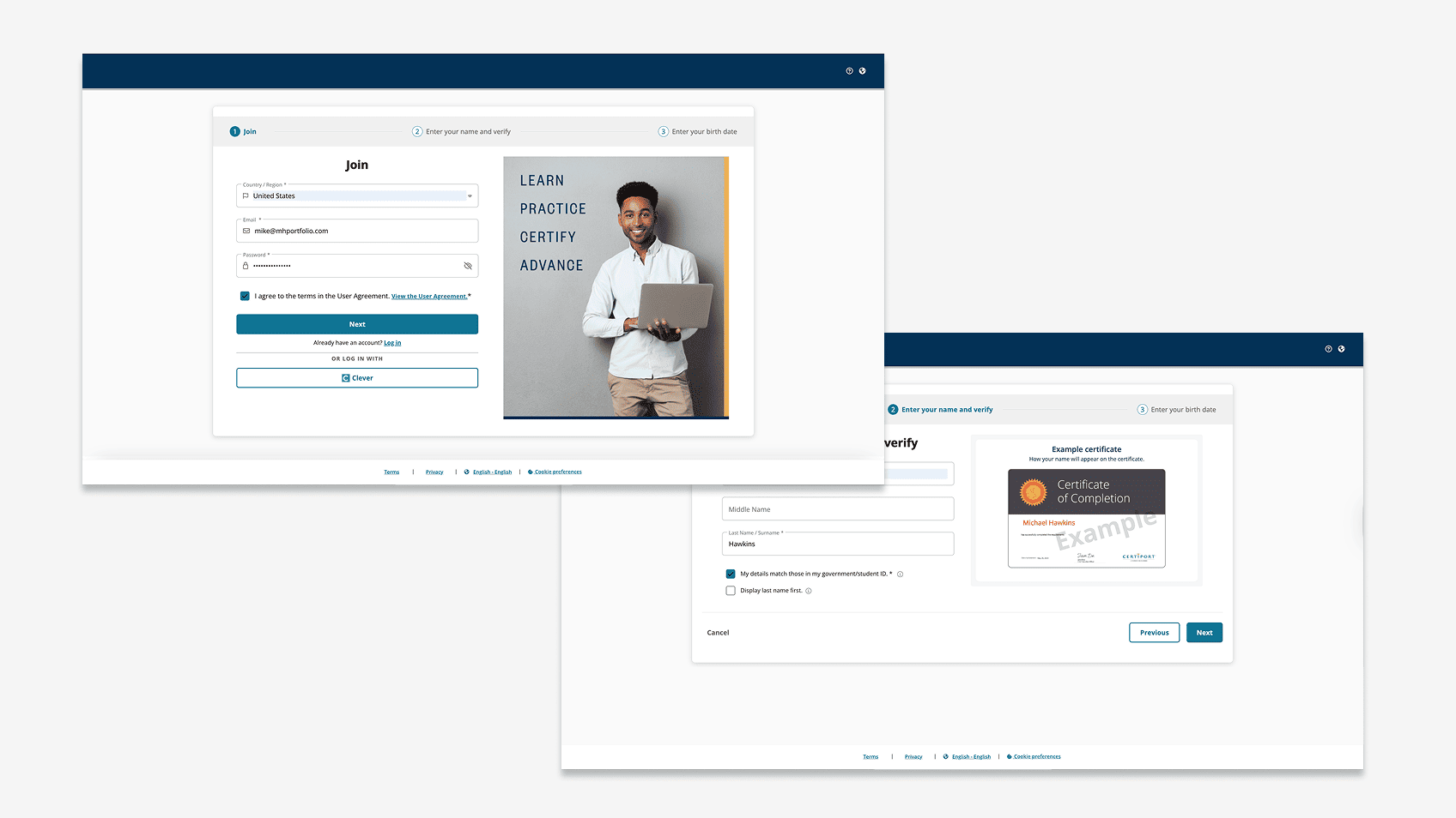 Modernized portal screens across registration, dashboard, pathways, and transcript surfaces.