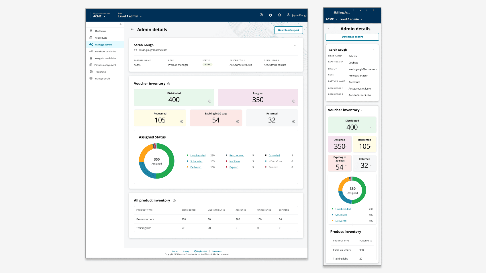 Admin management surface: hierarchy, recent activity, and the assume-role flow that lets admins step into another role for troubleshooting.