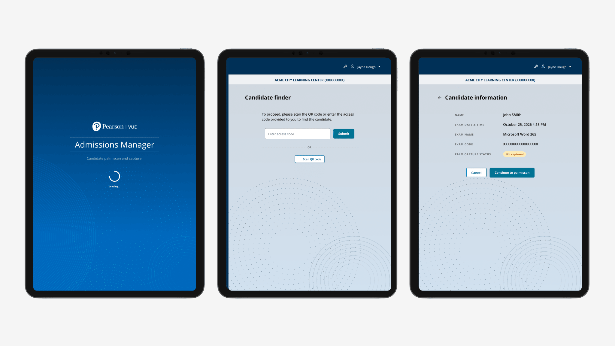 Pearson VUE · Biometric Admissions experience