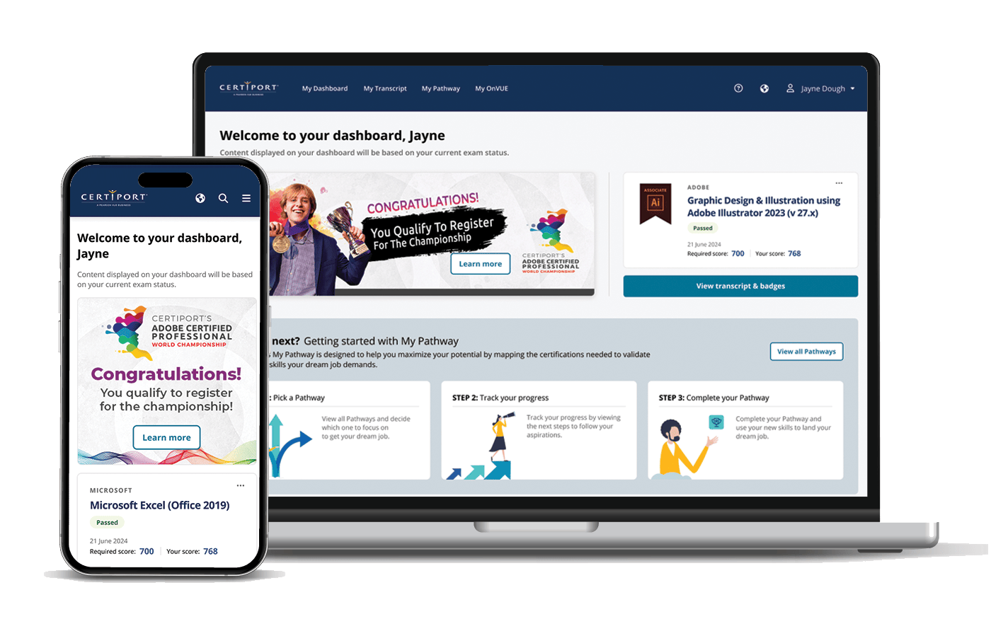 Certiport candidate dashboard with desktop and mobile certification experiences