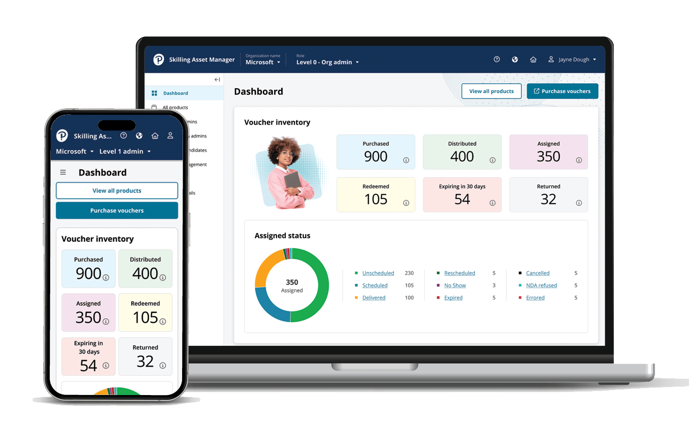 Skilling Asset Manager dashboard and voucher inventory shown on desktop and mobile