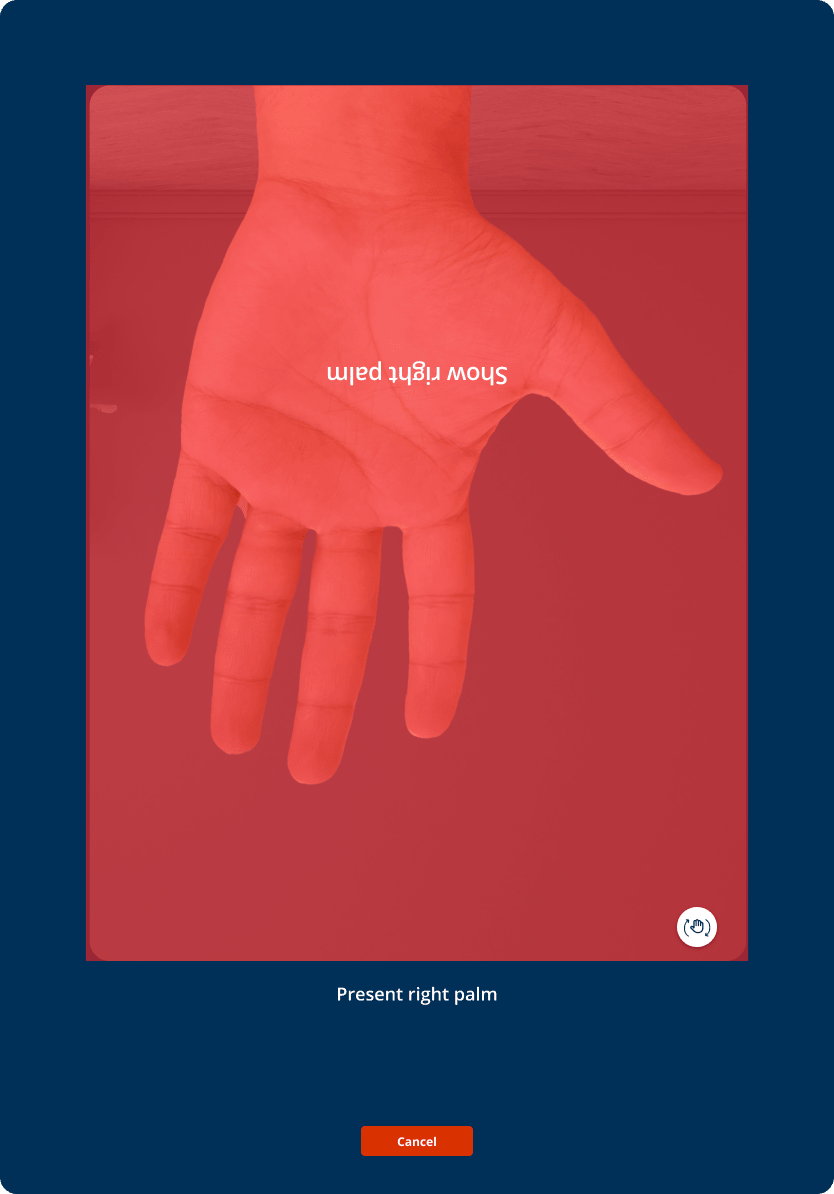 Tablet palm positioning guidance for the candidate and administrator