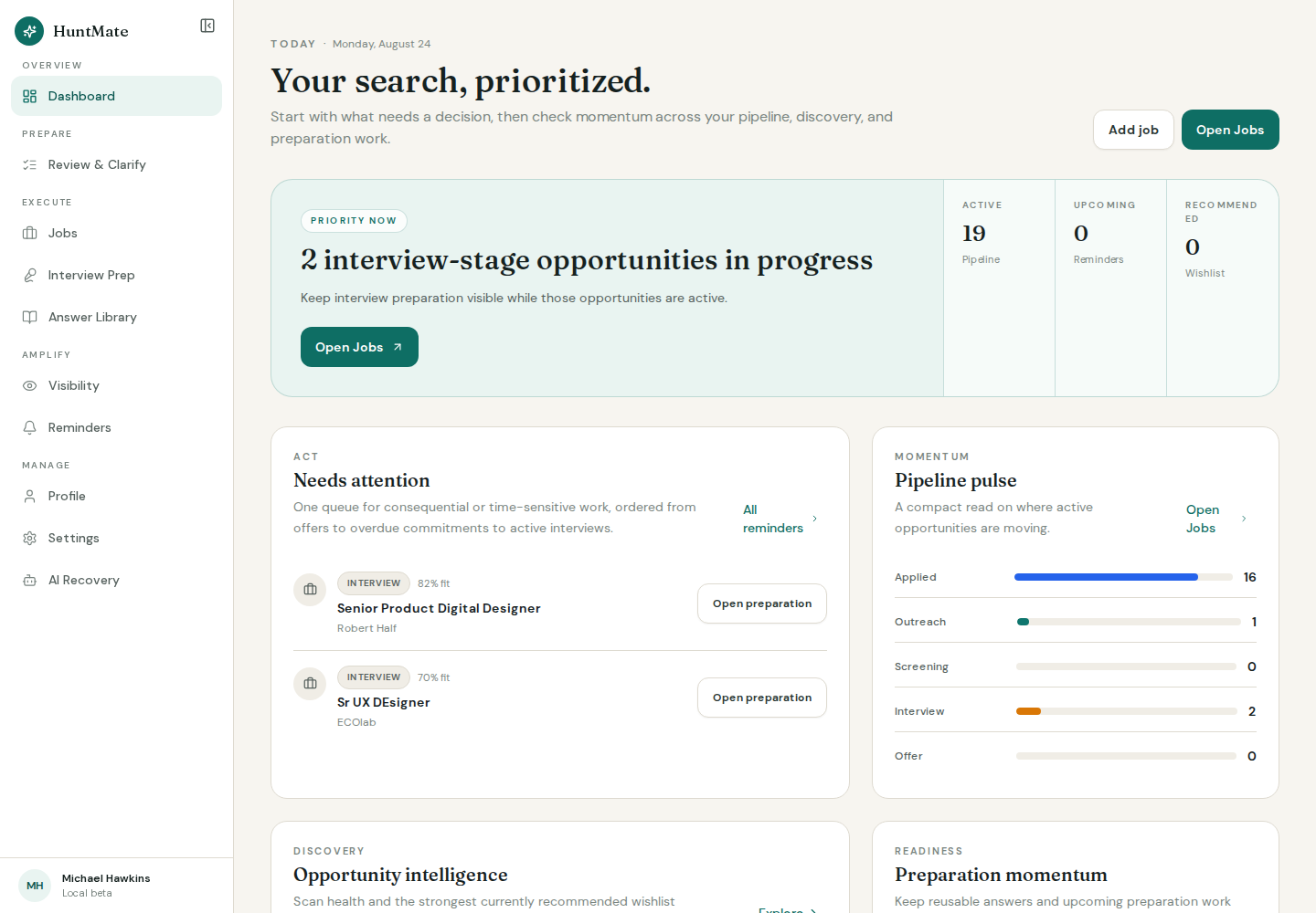 HuntMate dashboard showing synthetic job-search opportunities and next actions