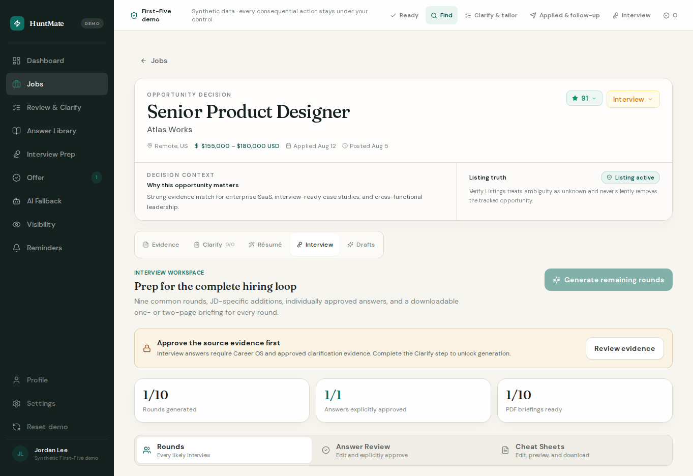 HuntMate interview workspace showing preparation progress and explicit answer approval